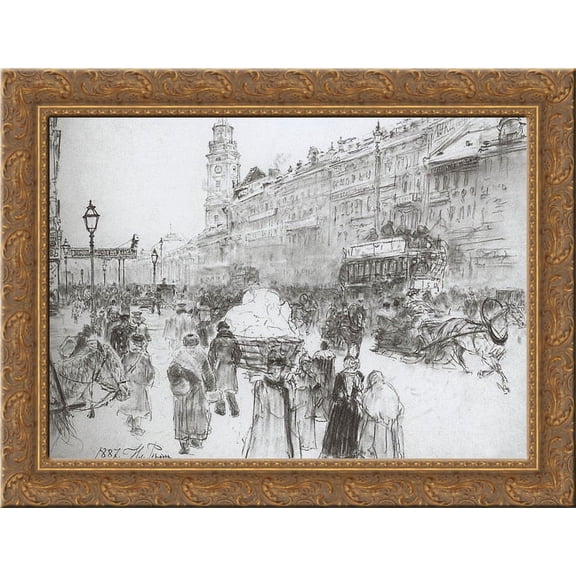 Nevsky Avenue 24x20 Gold Ornate Wood Framed Canvas Art by Repin, Ilya