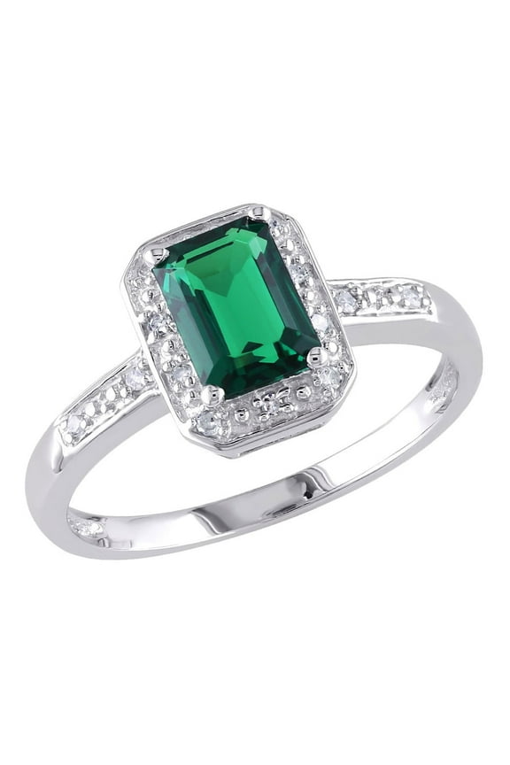 New 1.00 Carat (Ctw) Lab-Created Emerald Ring with Diamonds in Sterling Silver - Size 8
