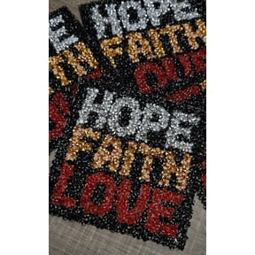 1-pc, Blk/Red/Gold/Silver Bling "Hope, Faith, Love" Rhinestone Patch, Iron-on Applique, Rhinestone Applique, Sz 5", DIY Crafts