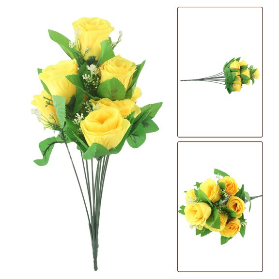 New 10 Heads Stems Artificial Silk Fake Flowers Rose Bud Bunch Wedding Bridal Bouquet Flowers Home Outdoor Part Decoration Yellow Smile Home