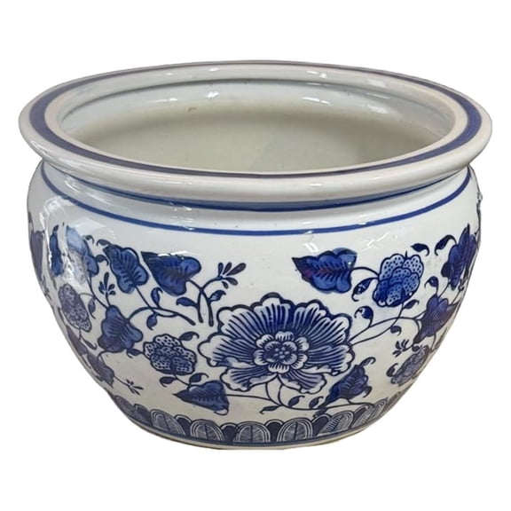 New 10" Oriental Cobalt Blue and White Floral Pattern with Leaves Fish Bowl Jardiniere Fish Bowl Planter Plant Pot Potbelly Shape