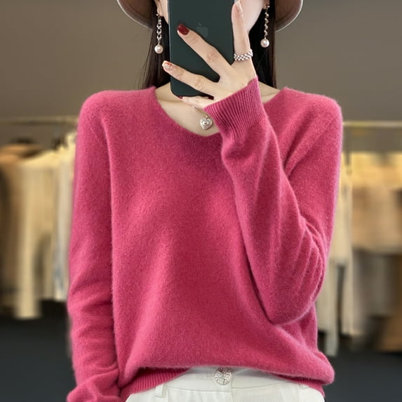 New 100% Merino pure wool sweater in autumn and winter women‘s V-neck knitted long-sleeved solid color warm sweater