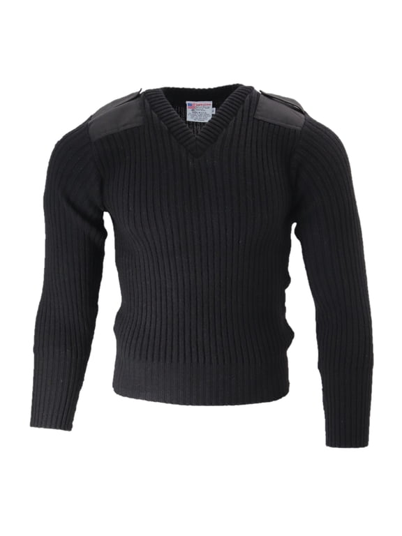New 100% Wool V-Neck Commando Sweater W/Reinforced Cotton Shoulders, Elbow Patches, and Epaulets, Black, Made in USA Small