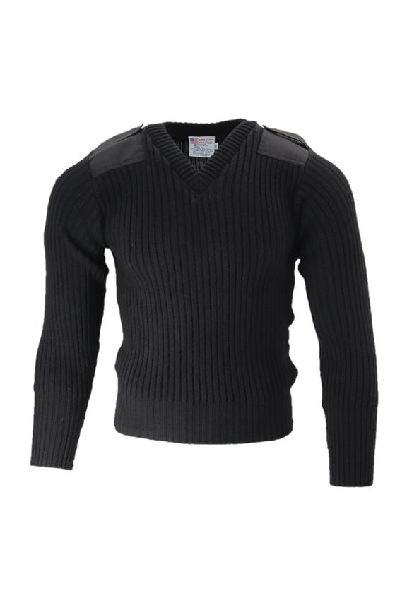 New 100% Wool V-Neck Commando Sweater W/Reinforced Cotton Shoulders, Elbow Patches, and Epaulets, Black, Made in USA Small