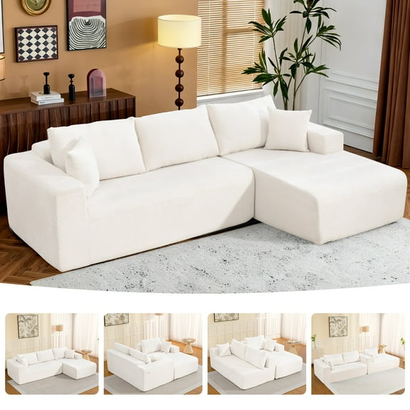 New 108" Plush Corduroy Cloud Couches Sectional Sofa with L-Shaped Modular Boneless Sofa for Living Room with Convert Left/Right Facing, No Assembly(Beige, Right Facing Chaise)
