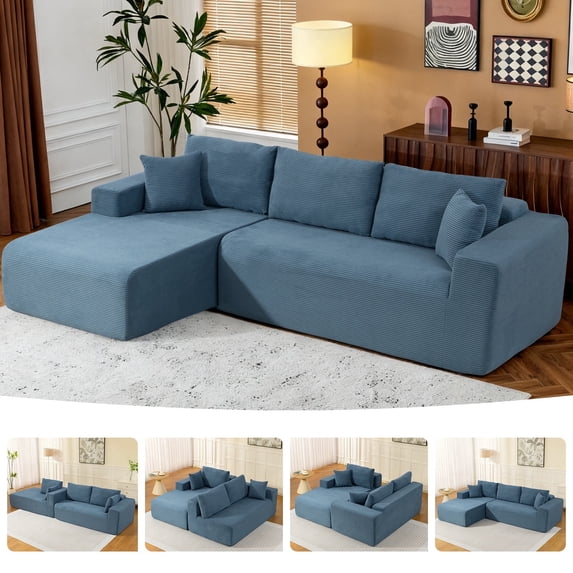 108" Cloud Couch Sectional, Deep Seat Modular Sofa with L-Shaped Chaise, Upholstered Corduroy Sectional Couch for Living Room Apartment, No Assembly Required(Deep Blue, Left Facing Chaise)