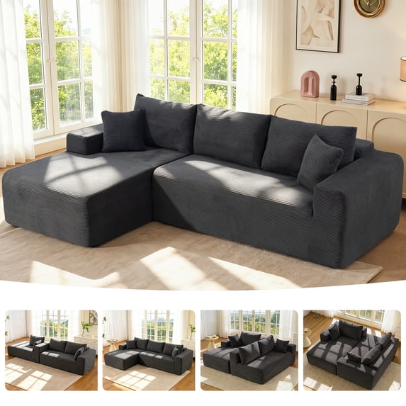 108" Cloud Couch Modular Sectional Sofa, Deep Seat Corduroy L-Shaped Couch with Chaise Lounge, No Assembly Required Upholstered Sectional Sofa for Living Room Apartment (Gray, Left Facing Chaise)