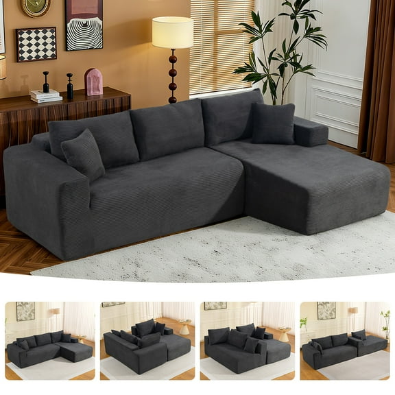 New 108" Plush Corduroy Cloud Couches Sectional Sofa with L-Shaped Modular Boneless Sofa for Living Room with Convert Left/Right Facing, No Assembly(Gray, Right Facing Chaise)