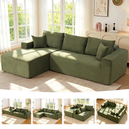 108" Cloud Couch Modular Sectional Sofa, Deep Seat Corduroy L-Shaped Couch with Chaise Lounge, No Assembly Required Upholstered Sectional Sofa for Living Room Apartment (Green, Left Facing Chaise)