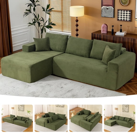 108" Cloud Couch Sectional, Deep Seat Modular Sofa with L-Shaped Chaise, Upholstered Corduroy Sectional Couch for Living Room Apartment, No Assembly Required(Green, Left Facing Chaise)