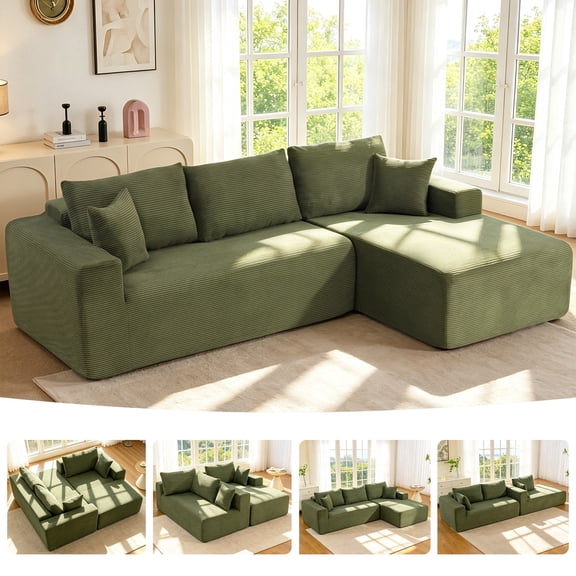 108" Cloud Couch Modular Sectional Sofa, Deep Seat Corduroy L-Shaped Couch with Chaise Lounge, No Assembly Required Upholstered Sectional Sofa for Living Room Apartment (Green, Right Facing Chaise)