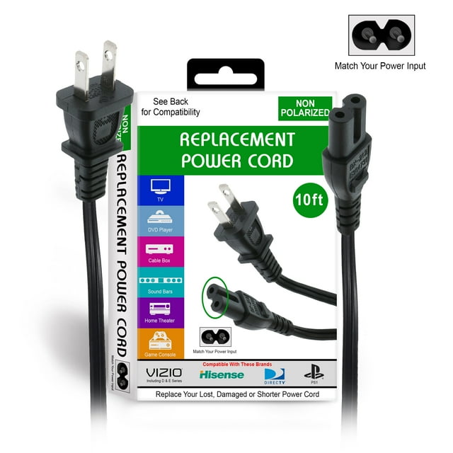 New 10ft NonPolarized Replacement Power Cord, Works With Game Consoles