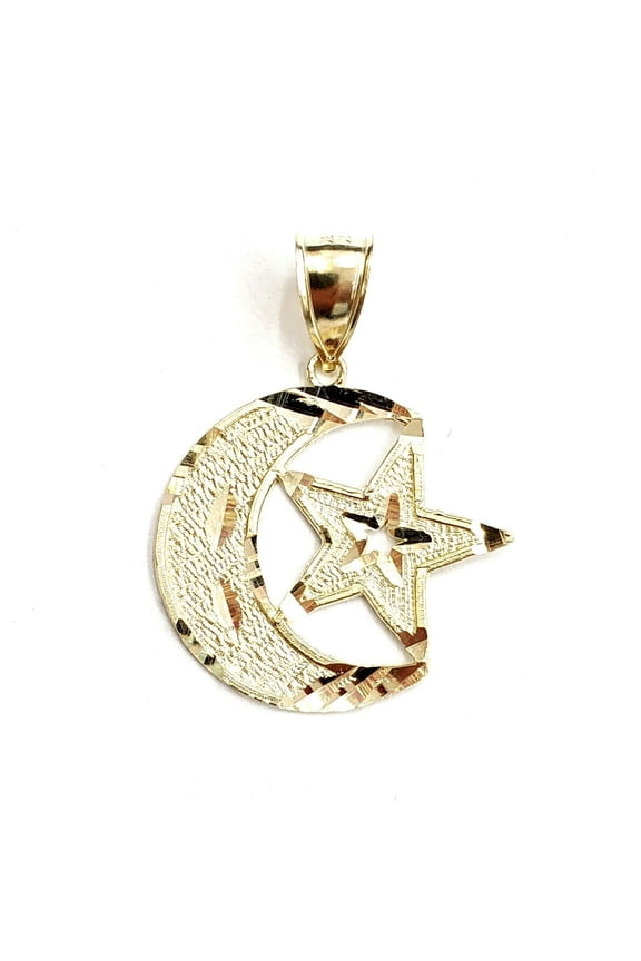 New 10k yellow gold moon and star pendant charm diamond cut astronomy jewelry 3g