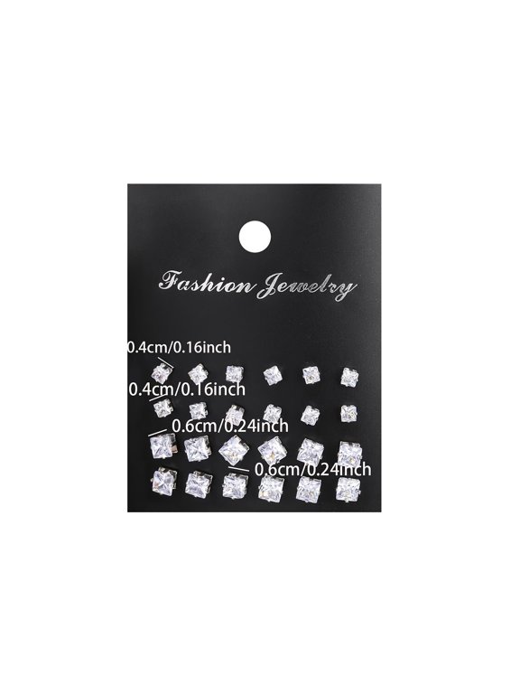 New 12 Pair/Pack White Shiny Square Cubic Zirconia Push Back Stud Earrings Set For Women Men Fashion Jewelry Accessories 4/6mm