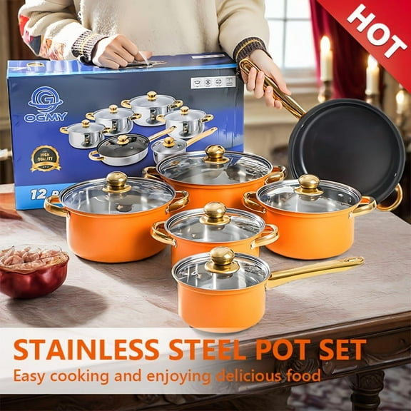 New 12pcs Stainless Steel Non-Stick Pot Set, Frying Pan, Saucepan, Saucepan With Lid, Stylish And Durable Kitchen Utensils Available In Multiple Colors, Suitable For Garden Camping Induction Cookers