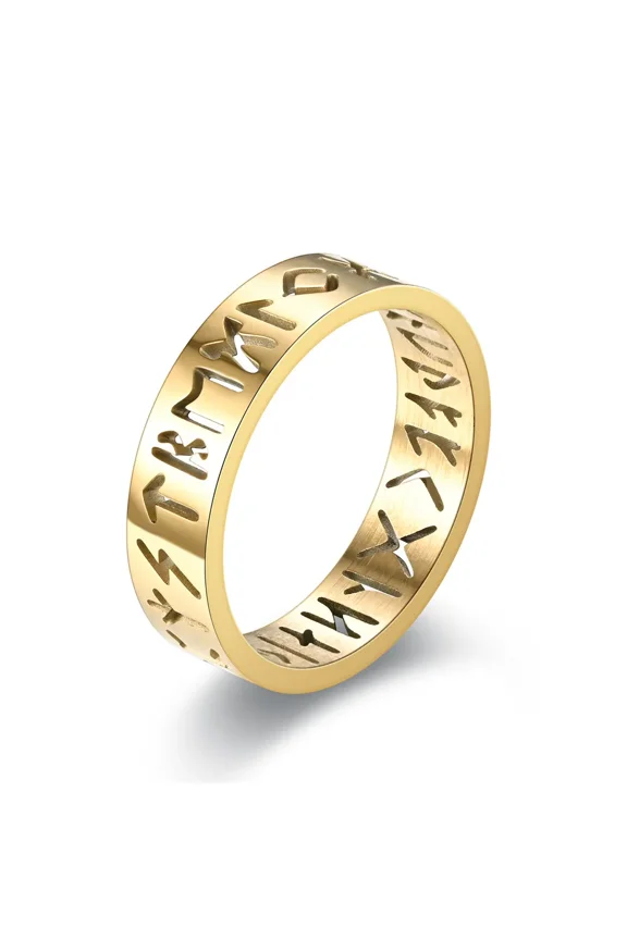 New 14K Yellow Gold Hollow Out Ring for Men Women Fashion Hollow Rune Design Finger Anillo Antiestres Anxiety Rings