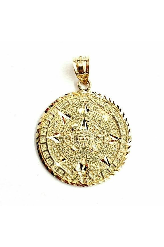 New 14k yellow Gold Aztec Mayan sun calendar Azteca pendant gift jewelry 1" 5g