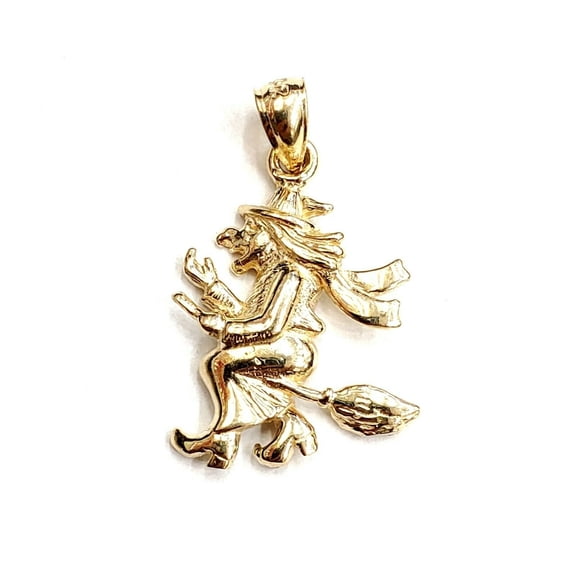 New 14k yellow Gold solid Witch on Broom Pendant charm Gift fine jewelry 2.7g