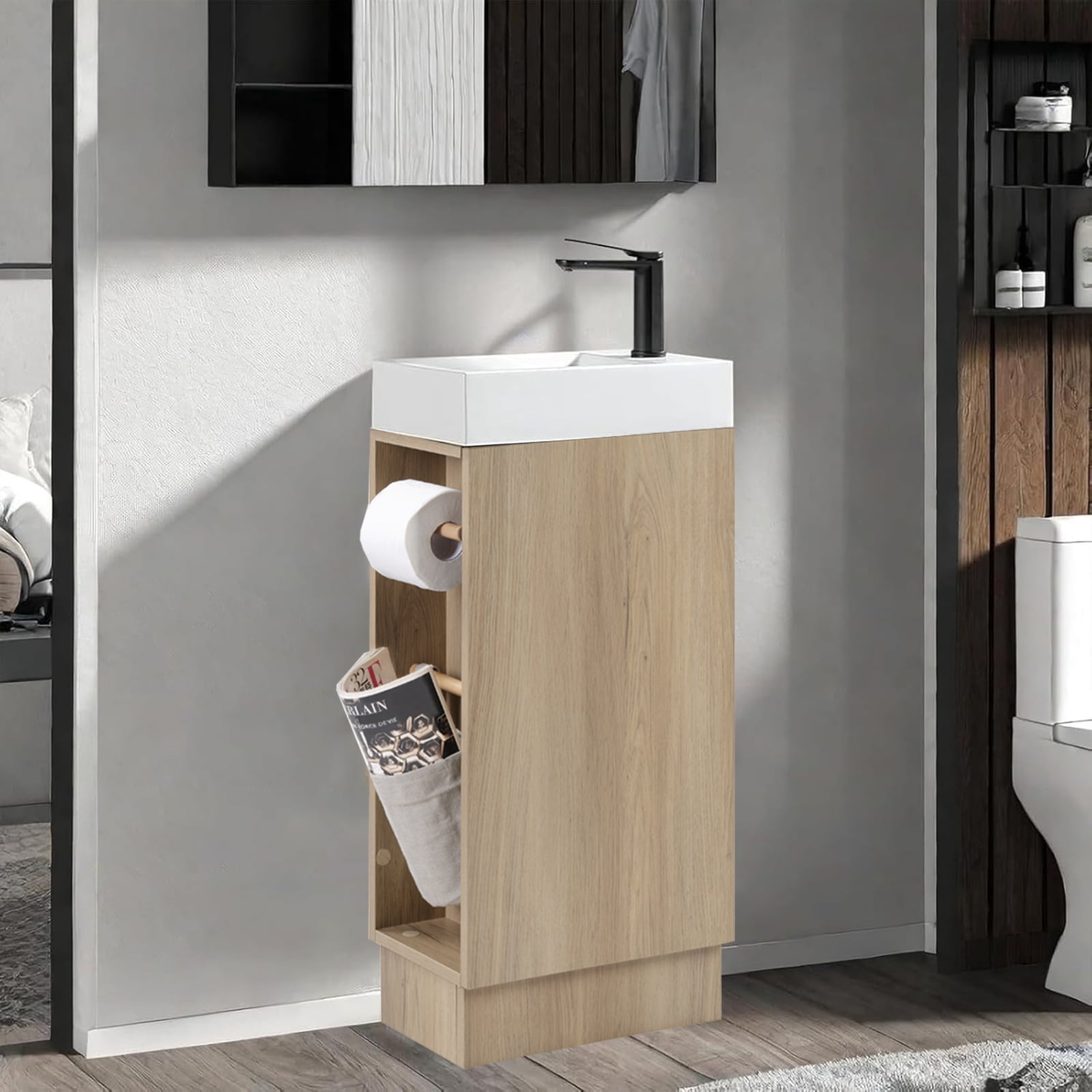 New 16 Inch Modern Bathroom Vanity Sink Combo for Small Space, Floor Standing Cabinet with 2 Toilet Paper Holders, Natural Ash, Engineered Wood