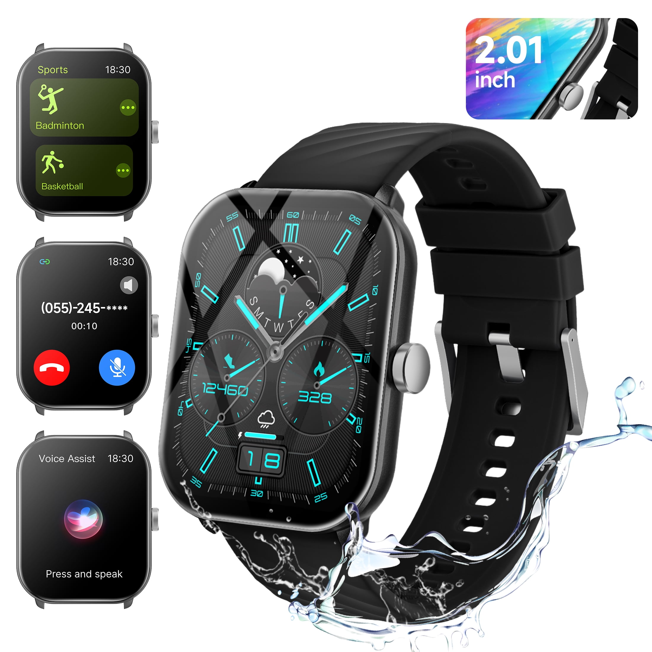FITORA 2026 2.01” HD Smart Watch for Android/iPhone Bluetooth Calls Answer IP68 Waterproof Fitness Tracker Music Playback Remote Photography-Black