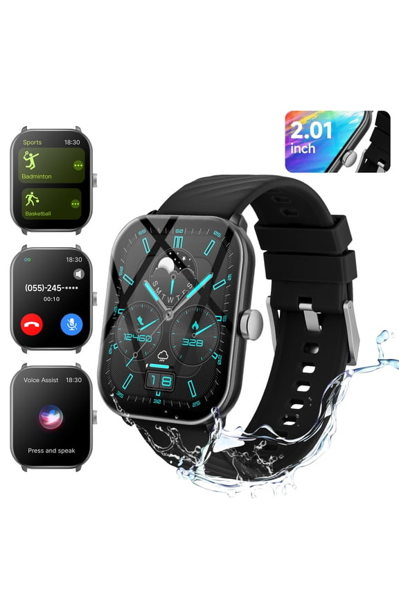 2026 2.01” HD Smart Watch for Android/iPhone Bluetooth Calls Answer IP68 Waterproof Fitness Tracker Music Playback Remote Photography-Black