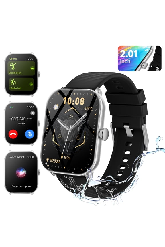 2026 2.01” HD Smart Watch for Android/iPhone Bluetooth Calls Answer IP68 Waterproof Fitness Tracker Music Playback Remote Photography-Grey