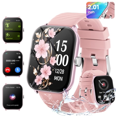 FITORA 2026 2.01” HD Smart Watch for Android/iPhone Bluetooth Calls Answer IP68 Waterproof Fitness Tracker Music Playback Remote Photography-Pink