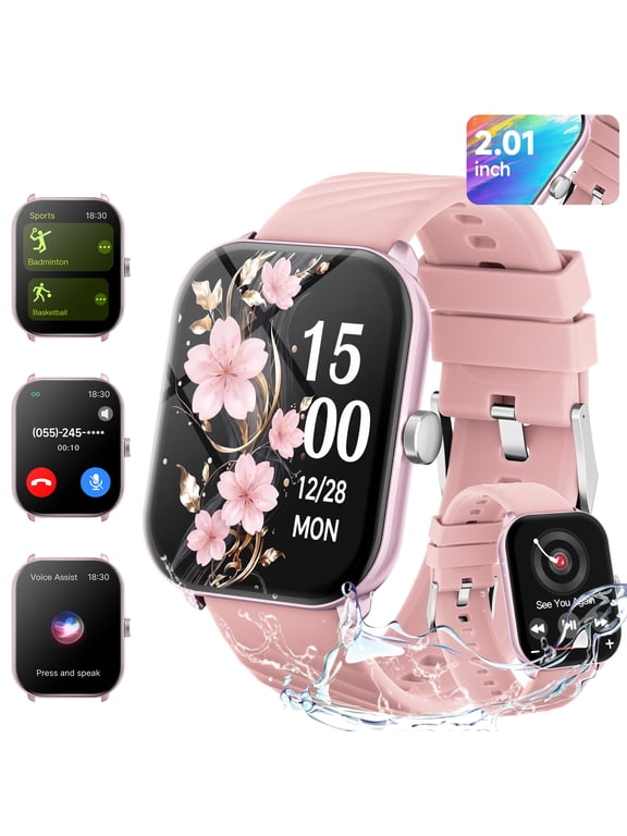 2026 2.01” HD Smart Watch for Android/iPhone Bluetooth Calls Answer IP68 Waterproof Fitness Tracker Music Playback Remote Photography-Pink