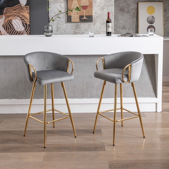 New 2-Piece 30 Inch Velvet Bar Stool Set – Gray Swivel Stools with Chrome Footrest & Gold Legs, for Pub or Counter Height Table