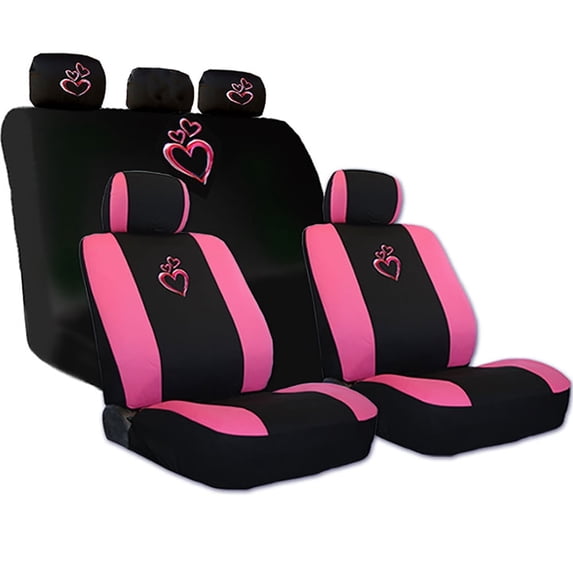 New 2-Tone Pink Heart Car Seat Covers Full Set for Car, Truck & SUV – Front & Rear Gift Set for Women
