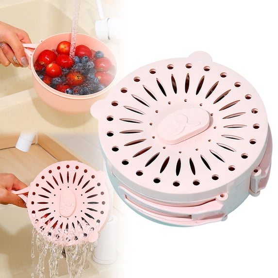 New 2-in-1 Fruit Washing Bowl with Lid & Handles,Drain Basket for Berries & Vegetables,Perforated Colander & Serving Tray,Kitchen Produce Cleaner,Pink,1PC