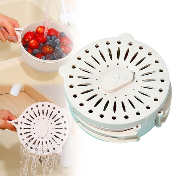 New 2-in-1 Fruit Washing Bowl with Lid & Handles,Drain Basket for Berries & Vegetables,Perforated Colander & Serving Tray,Kitchen Produce Cleaner,White,1PC