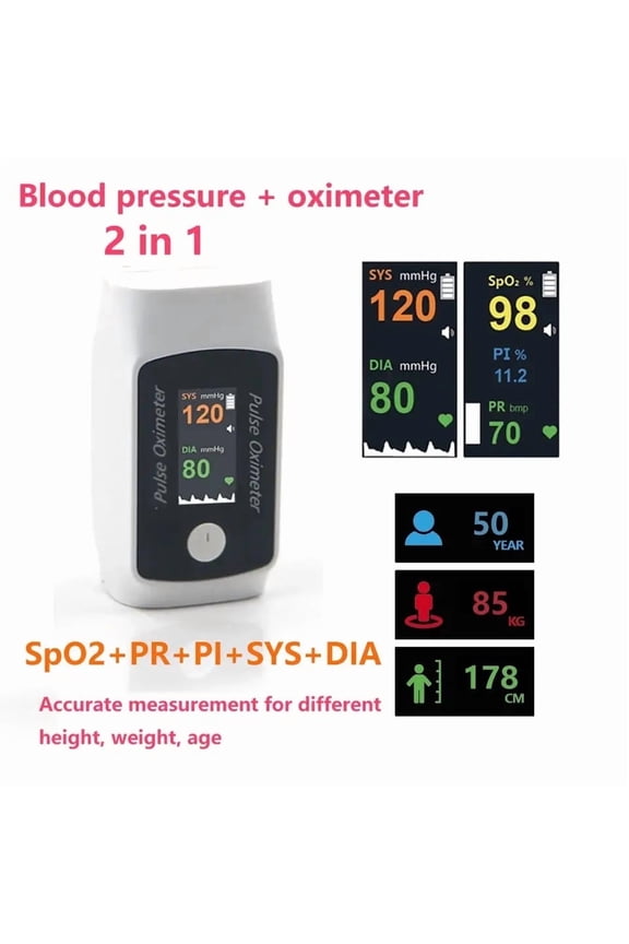 New 2-in-1 pulse oximeter supports both blood oxygen saturation and blood pressure measurement.