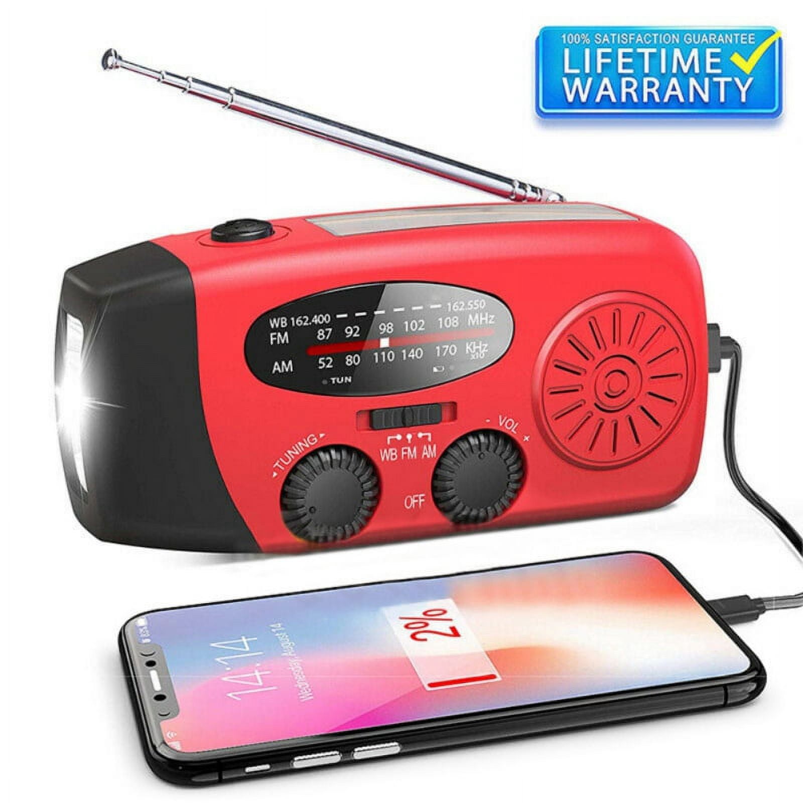 New 2000mAh Weather Radio Emergency Radio Hand Crank Radio Solar Flashlight USB Charged & Solar Power for Camping, Emergency