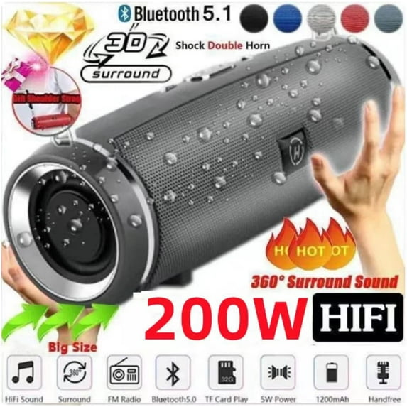 New 200W Wireless Bluetooth Speaker Portable IPX7 Waterproof Outdoor Subwoofer Stereo Surround Speakers FM Radio TF Boom Box