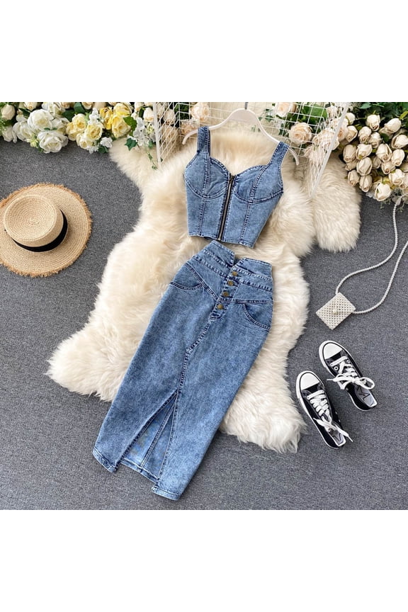 New 2020 Women’S Chic Set Short Crop Top Cami & High-Waisted Denim Skirt, Perfect For A Stylish Look.