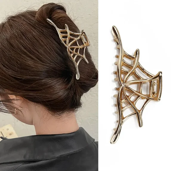 New 2023 Halloween Spider Skeleton Hair Claw Clips for Women Jewelry Accessories Black Silver Gold Large Barrette Party Headwear (B-Gold)