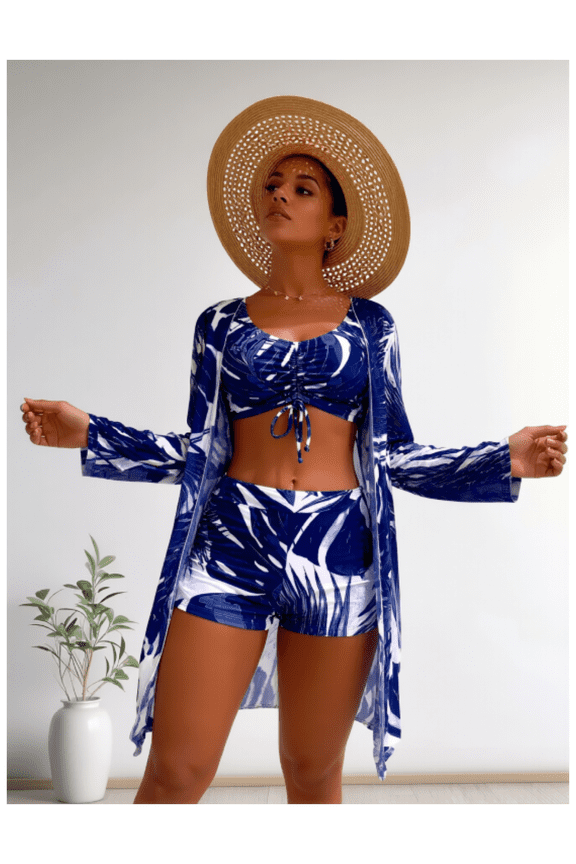 New 2025 3-Piece Swimsuit Cover-Up Set with UPF Sun Protection - Blue & White Printed Kimono, Casual Beachwear