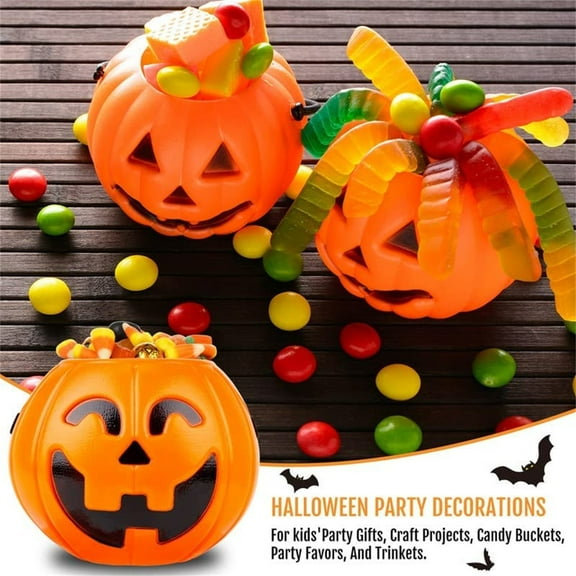 Halloween Pumpkin Buckets, 6.7 Inch Portable Plastic Pumpkin Candy Pail Holder, Candy Buckets for Kids Trick or Treat Supplies Candy