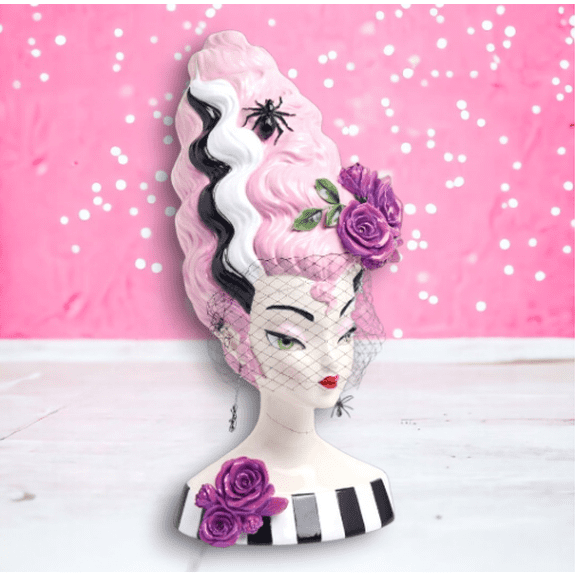 New 2026 Bella Lux Retro Pink Frankenstein Bride Statue Captures,11.84-inch Gothic Halloween Lady Bust Wall Sculpture, Wall Mount Decor with Spider & Purple Rose Accents