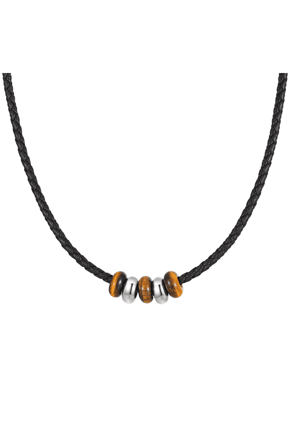 New 2026 Natural Stone Leather Necklace Choker for Men Single Bead Lava Tiger Eye Adjustable Jewelry Braided Necklace Retro Fashion Adjustable Hemp Cords Wood Beads Beaded Choker Necklace