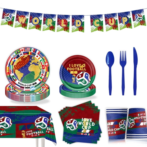 New 2026 World Cup Ball Theme Party Decorations, Including Tableware, Balloons, Tablecloth, Flags, Cake Toppers Set, Suitable for Carnival Parties