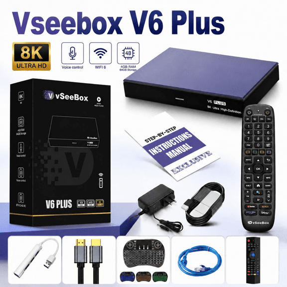 New 2026 vSeeBox V6 Plus Android TV Box, 4GB RAM 64GB Storage with Voice Control