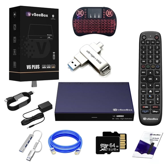 New 2026 vSeeBox V6 Plus Android TV Box, 4GB RAM 64GB Storage with Voice Control Multiple accessories complete bundled set