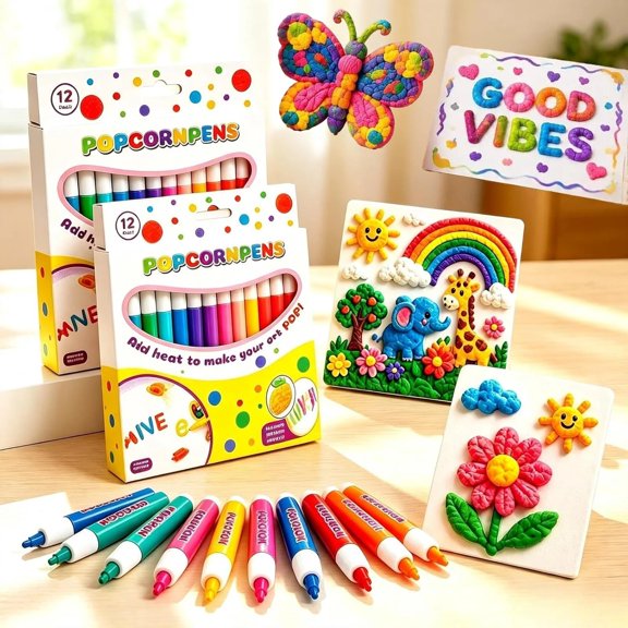 New 2027 Popcorn Pens, 12 Colors 3D Bubble Drawing Pen, Heat-Activated Bubble Drawing Pens for DIY Crafts and Greeting Cards