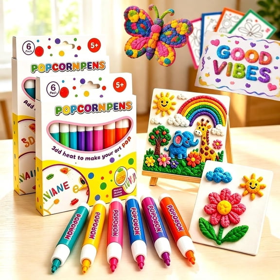 New 2027 Popcorn Pens, 6/12 Colors 3D Bubble Drawing Pen, Heat-Activated Bubble Drawing Pens for DIY Crafts and Greeting Cards