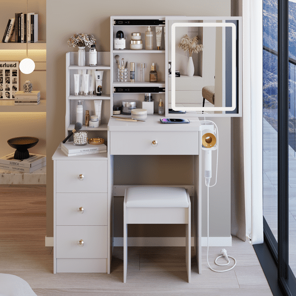 New 29.2"Cabinet Vanity Table + Cushioned Stool, 2 AC+2 USB Power Station, Hair dryer bracket, Extra Large Touch Control Sliding LED Mirror, Tri-color Switching, Brightness Adjust