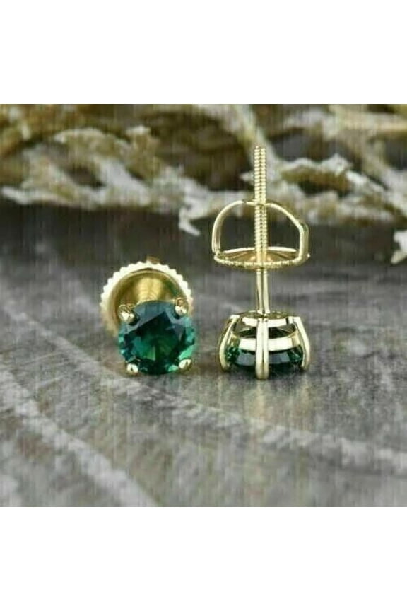 New 2Ct Round Cut Simulated Green Emerald Solitaire Women's Stud Earrings Real 925 Yellow Gold Plated Silver