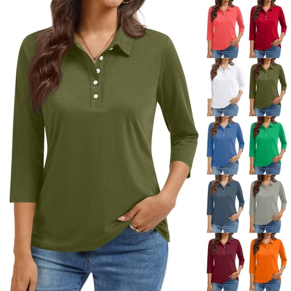 New 3/4 Sleeve Polo Shirts Women V Neck Collared Tees Loose Casual Business Tops Summer Army Green 3XL