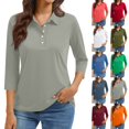 thumbnail image 1 of New 3/4 Sleeve Polo Shirts Women V Neck Collared Tees Loose Casual Business Tops Summer Light Gray L, 1 of 6